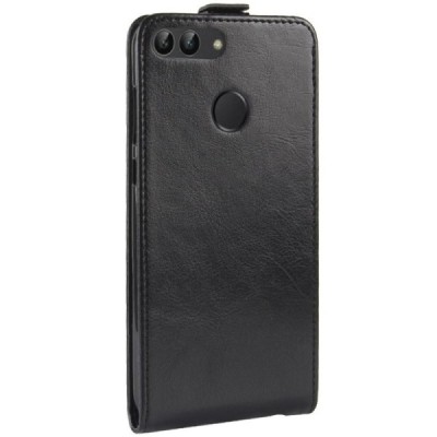 Huawei P smart 2018 (Enjoy 7S) vertikāli atvēramais ādas melns maciņš (maks) / Vacins.lv