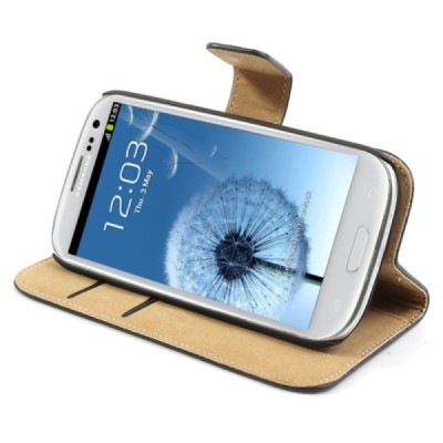 Samsung Galaxy S3 (I9300) atverčiamas juodas odinis Casual dėklas - piniginė / Priedai.lt