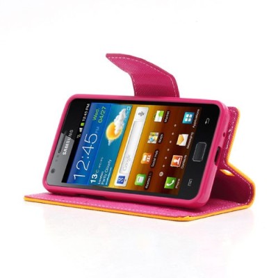 Samsung Galaxy S2 „Mercury“ atvērams zaļs ādas futrālis - oranžs / Vacins.lv