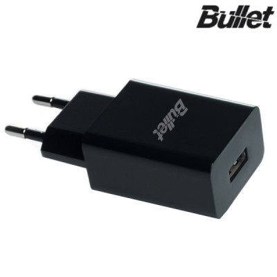 „Bullet“ juodas mini buitinis (sieninis) įkroviklis EU 2.1A (kelioninis, tinklo) / Priedai.lt