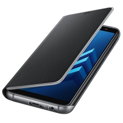 Samsung Galaxy A8 (2018) A530F oficiāls Neon Flip Cover atvērams melns ādas maciņš (maks) / Vacins.lv