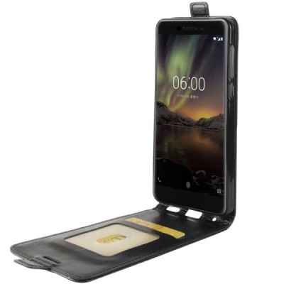 Nokia 6 2018 (Nokia 6.1) klasisks ādas vertikāli atvēramais melns maciņš / Vacins.lv