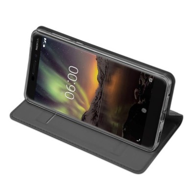 Nokia 6 2018 (Nokia 6.1) „Dux Ducis“ Skin sērijas melns ādas atvērams maciņš / Vacins.lv