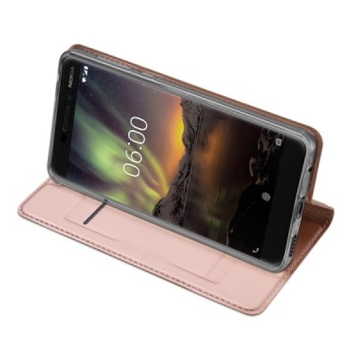 Nokia 6 2018 (Nokia 6.1) „Dux Ducis“ Skin sērijas rozs ādas atvērams maciņš / Vacins.lv