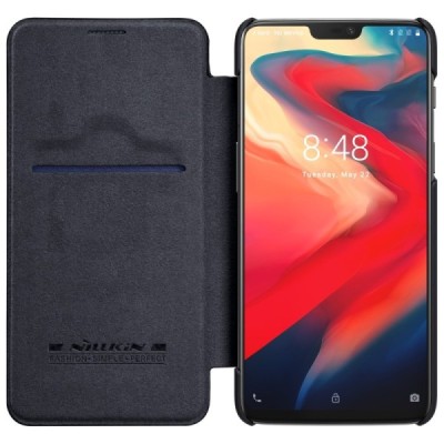 Greznais „Nillkin“ Qin sērijas ādas atvērams melns OnePlus 6 (Six) maciņš (maks) / Vacins.lv