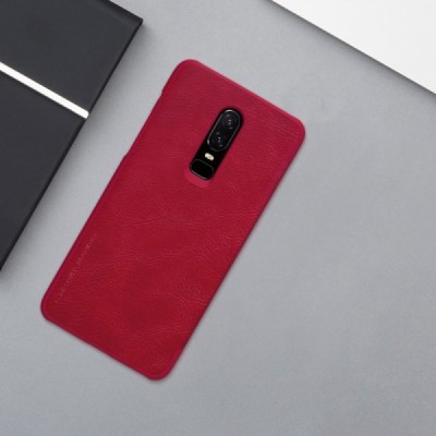 Prabangus „Nillkin“ Qin serijos raudonas odinis atverčiamas OnePlus 6 (Six) dėklas - knygutė / Priedai.lt