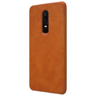 Prabangus „Nillkin“ Qin serijos rudas odinis atverčiamas OnePlus 6 (Six) dėklas - knygutė / Priedai.lt