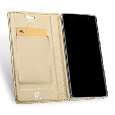 „Dux Ducis“ Skin serijos Nokia 8 Sirocco (Nokia 9) auksinis odinis atverčiamas dėklas / Priedai.lt