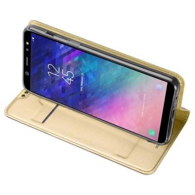 „Dux Ducis“ Skin serijos Samsung Galaxy A6+ 2018 auksinis odinis atverčiamas dėklas / Priedai.lt