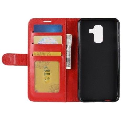 Samsung Galaxy A6+ 2018 atverčiamas raudonas odinis dėklas, knygutė - piniginė / Priedai.lt