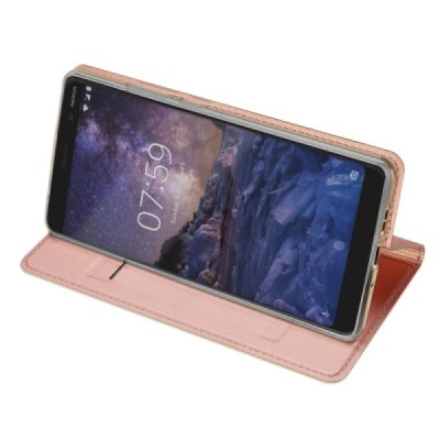 Nokia 7 Plus „Dux Ducis“ Skin sērijas rozs ādas atvērams maciņš / Vacins.lv