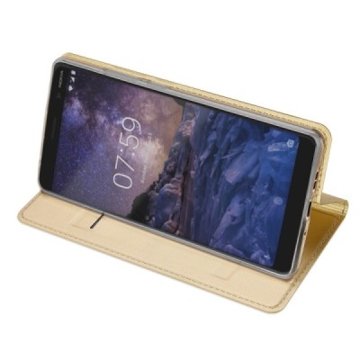 Nokia 7 Plus „Dux Ducis“ Skin sērijas zelta ādas atvērams maciņš / Vacins.lv