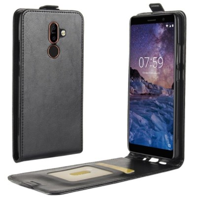 Nokia 7 Plus klasisks ādas vertikāli atvēramais melns maciņš / Vacins.lv