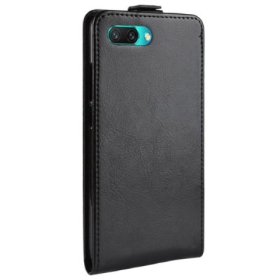Huawei Honor 10 klasisks ādas vertikāli atvēramais melns maciņš / Vacins.lv