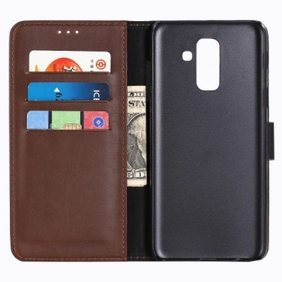 Samsung Galaxy A6+ 2018 (A605F) atverčiamas tamsiai rudas odinis retro dėklas - piniginė / Priedai.lt