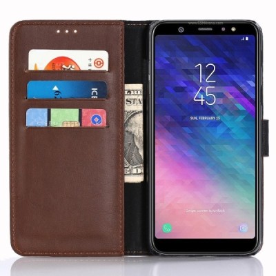 Samsung Galaxy A6+ 2018 (A605F) atverčiamas tamsiai rudas odinis retro dėklas - piniginė / Priedai.lt