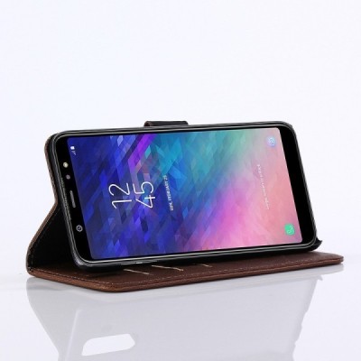 Samsung Galaxy A6+ 2018 (A605F) atverčiamas tamsiai rudas odinis retro dėklas - piniginė / Priedai.lt