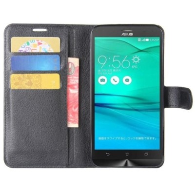 Asus Zenfone Go (ZB552KL) atvēramais melns ādas „Litchi“ futrālis - maciņš / Vacins.lv