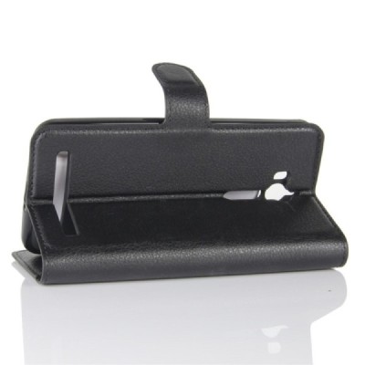 Asus Zenfone Go (ZB552KL) atvēramais melns ādas „Litchi“ futrālis - maciņš / Vacins.lv