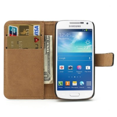 Samsung Galaxy S4 mini (i9195, i9190 ir i9192) atverčiamas juodas odinis Casual dėklas - piniginė / Priedai.lt