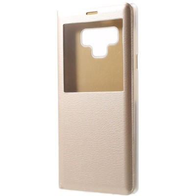 Samsung Galaxy Note 9 (N960F) auksinis odinis atverčiamas dėklas su langeliu / Priedai.lt