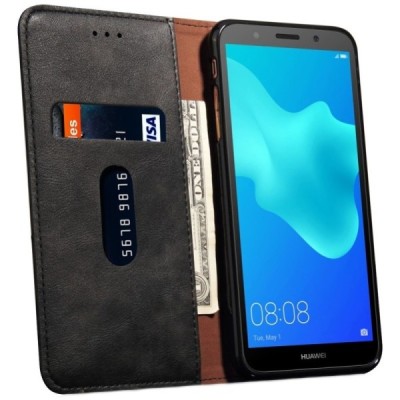 Huawei Y5 2018 (Honor 7S) „Deluxe“ ādas atvēramais melns maciņš (maks) / Vacins.lv