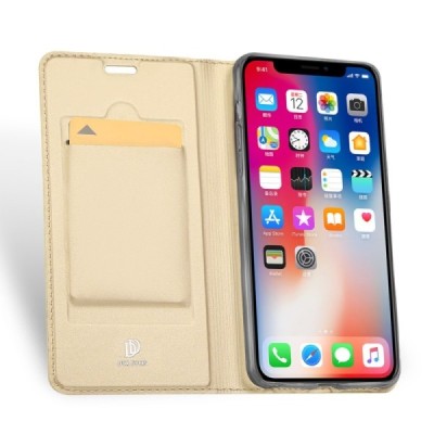 Apple iPhone Xr „Dux Ducis“ Skin sērijas zelta ādas atvērams maciņš / Vacins.lv