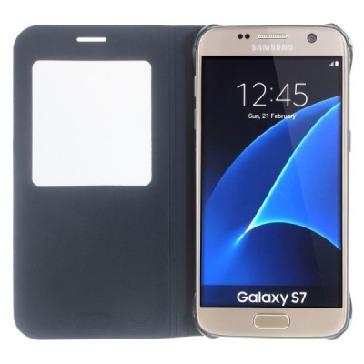 Samsung Galaxy S7 (G930) tamsiai mėlynas odinis atverčiamas dėklas su langeliu / Priedai.lt