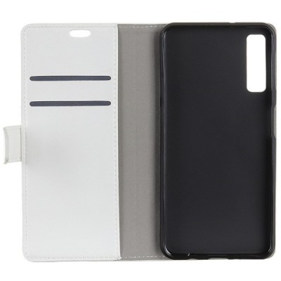 Samsung Galaxy A7 2018 atverčiamas baltas odinis dėklas, knygutė - piniginė / Priedai.lt