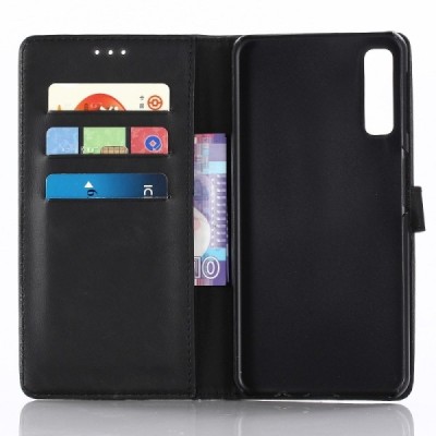 Samsung Galaxy A7 2018 atverčiamas juodas odinis retro dėklas - piniginė / Priedai.lt