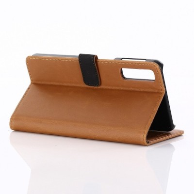 Samsung Galaxy A7 2018 atvēramais ādas gaiši brūns retro maciņš (maks) / Vacins.lv