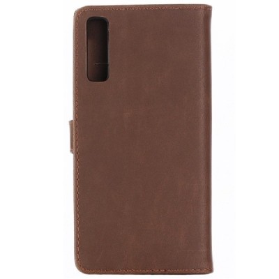 Samsung Galaxy A7 2018 atverčiamas tamsiai rudos spalvos odinis retro dėklas - piniginė / Priedai.lt