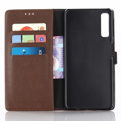 Samsung Galaxy A7 2018 atverčiamas tamsiai rudos spalvos odinis retro dėklas - piniginė / Priedai.lt