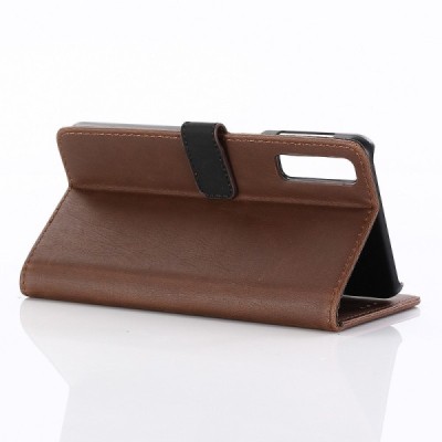 Samsung Galaxy A7 2018 atverčiamas tamsiai rudos spalvos odinis retro dėklas - piniginė / Priedai.lt