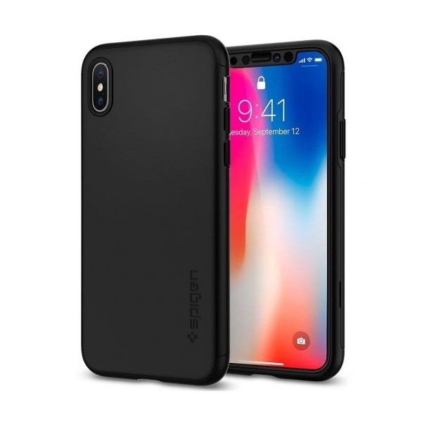 „Spigen“ Thin Fit 360 plastikinis dėklas - juodas + apsauginis ekrano stiklas (iPhone X / Xs)