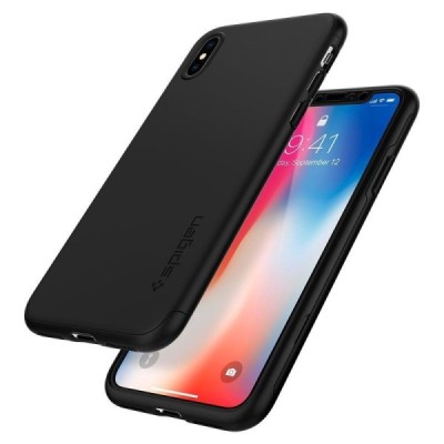 „Spigen“ Thin Fit 360 plastikinis Apple iPhone X (iPhone Xs) juodas dėklas - nugarėlė + apsauginis ekrano stiklas / Priedai.lt
