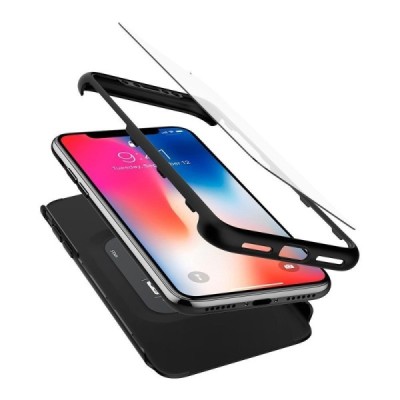 „Spigen“ Thin Fit 360 plastikinis Apple iPhone X (iPhone Xs) juodas dėklas - nugarėlė + apsauginis ekrano stiklas / Priedai.lt