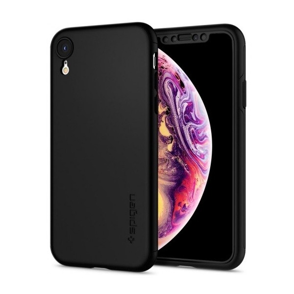 „Spigen“ Thin Fit 360 futrālis - melns + ekrāna aizsargstikls (iPhone Xr)