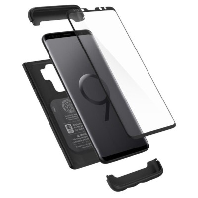 Samsung Galaxy S9+ (G965) „Spigen“ Thin Fit 360 melns futrālis + ekrāna aizsargstikls / Vacins.lv