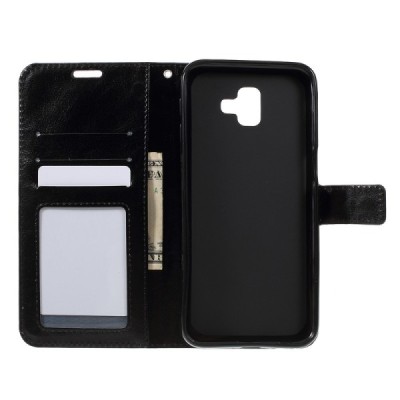 Samsung Galaxy J6+ 2018 (J610) atvēramais ādas melns maciņš (maks) / Vacins.lv