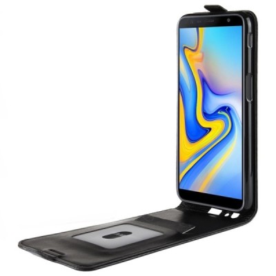 Samsung Galaxy J6+ 2018 (J610) klasikinis vertikaliai atverčiamas juodas odinis dėklas / Priedai.lt