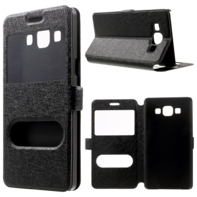 Samsung Galaxy A5 (A500) dual window atvēramais melns maciņš / Vacins.lv