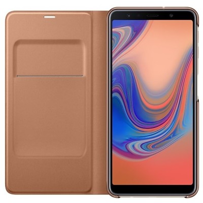 Samsung Galaxy A7 2018 (A750) originalus Wallet Cover atverčiamas auksinis odinis dėklas - piniginė / Priedai.lt