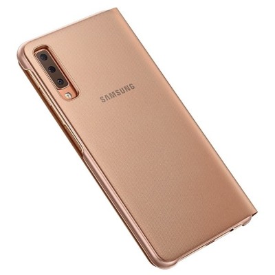 Samsung Galaxy A7 2018 (A750) originalus Wallet Cover atverčiamas auksinis odinis dėklas - piniginė / Priedai.lt