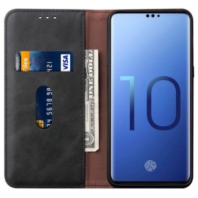 „Deluxe“ atverčiamas juodas odinis Samsung Galaxy S10 (G973) dėklas - knygutė / Priedai.lt