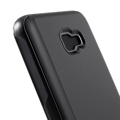 Samsung Galaxy J4+ (J400F) plastmasas atvērams melns ādas maciņš / Vacins.lv