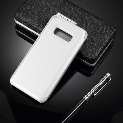 Samsung Galaxy S10e (G970) plastmasas atvērams sudrabs ādas maciņš / Vacins.lv