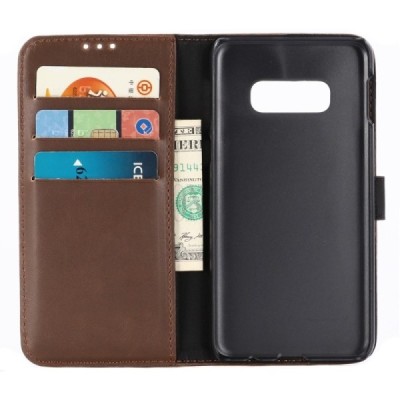 Samsung Galaxy S10e (G970) atverčiamas tamsiai rudas odinis retro dėklas - piniginė / Priedai.lt
