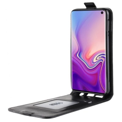 Samsung Galaxy S10e (G970) klasisks ādas vertikāli atvēramais melns maciņš / Vacins.lv