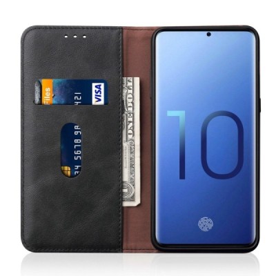 „Deluxe“ atverčiamas juodas odinis Samsung Galaxy S10e (G970) dėklas - knygutė / Priedai.lt